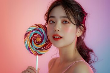 Young Asian Woman Smiling with Large Colorful Lollipop on Pink and Blue Gradient Background in Studio Setting