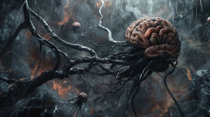 An eerie visualization of a brain suspended in a void with strands of black fluid slowly wrapping around it