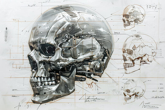 An early design sketch of a skull encased in a metallic alloy for durability