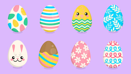 Happy Ester Icons Set. Easter Eggs with Realistic Ornament Pattern Vector Illustration