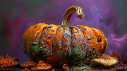 An intriguing photograph of a decomposing pumpkin its surface overtaken by fungi in shades of orange and green - obrazy, fototapety, plakaty