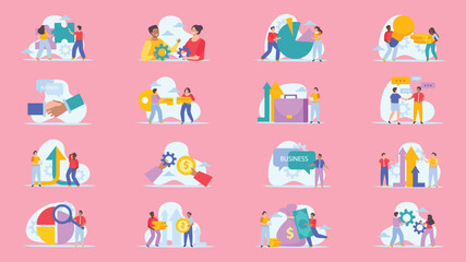 Business merger concept flat icons. Concept flat set of compositions with people and conceptual icons connected with dashed lines vector illustration - obrazy, fototapety, plakaty