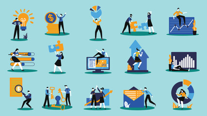 Fototapeta premium Set of icon business analytics. Big data analysis technology symbol with doodle style. Collection of male and female business people scenes in the business statistic scene.