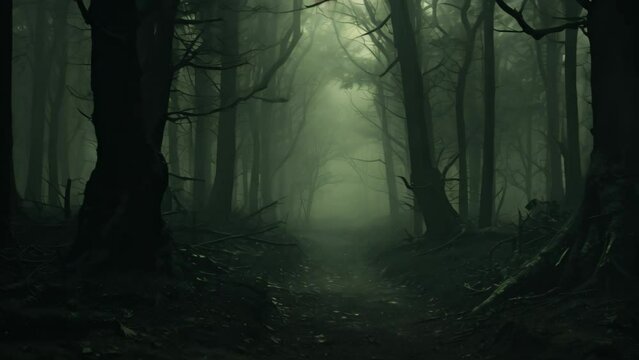 Mystical dark forest with fog. Horror Halloween concept. 3D Rendering, A dark forest with lots of trees covered in fog, AI Generated