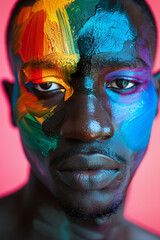 A closeup of a handsome man face painted with colorful paints