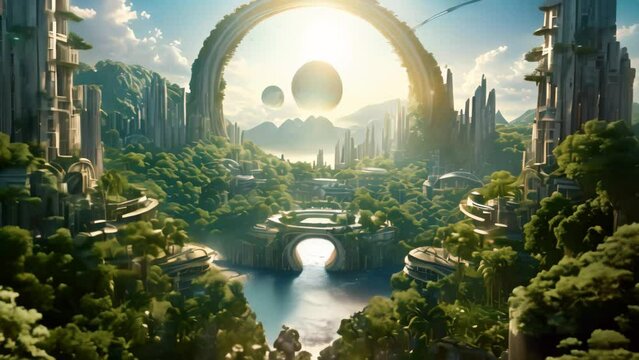 Fantasy alien planet with beautiful landscape. 3d render illustration. A futuristic metropolis nestled in a lush jungle, showcasing the harmony between nature and technology, AI Generated