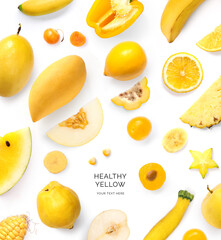 Creative layout made of lemon, yellow watermelon, mango, melon, plum, zucchini, pineapple, yellow...