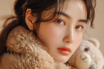 Portrait of a Young Woman with Plush Bear, Warm Cozy Aesthetic, Close-Up of Female Model with Serene Facial Expression, Soft Indoor Lighting