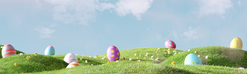 Easter landscape, colorful eggs and daisy flower on meadow under beautiful sky. 3d rendering - obrazy, fototapety, plakaty