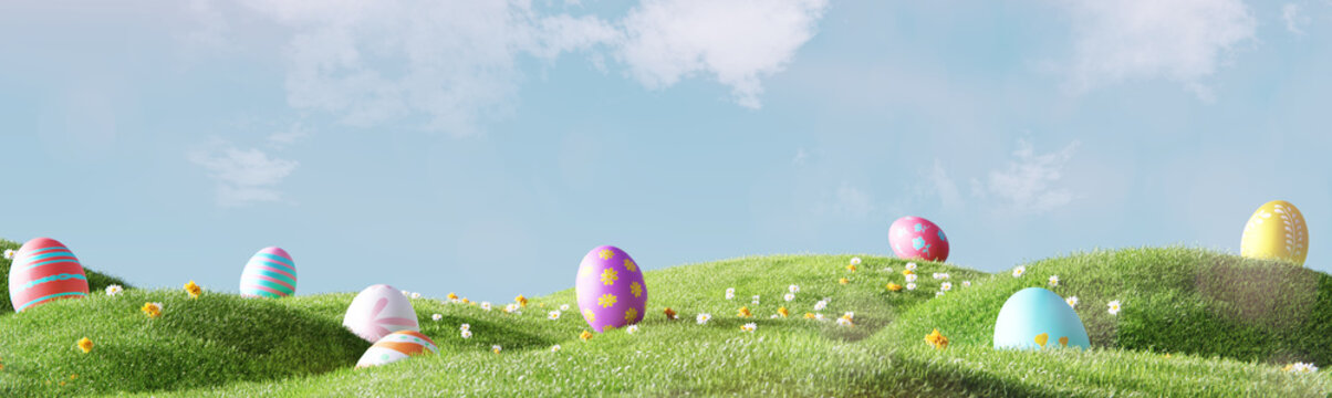Easter landscape, colorful eggs and daisy flower on meadow under beautiful sky. 3d rendering