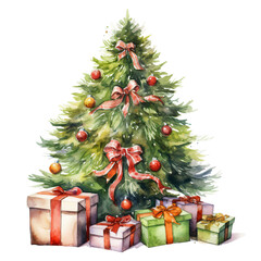 Fototapeta na wymiar A watercolor a christmas tree with gift, Isolated on transparent PNG background, Generative ai