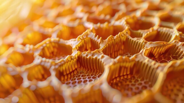 Honeycomb Patterns in Close-Up, Explore the intricate patterns and textures of honeycomb in close-up detail, symbolizing order, efficiency, and natural engineering - Powered by Adobe
