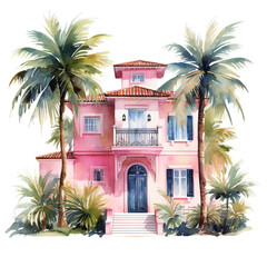 A Watercolor drawing of a pink house, Isolated on transparent PNG background, Generative ai