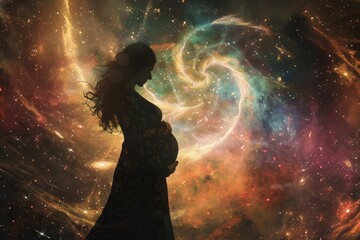 Fototapeta na wymiar An artistic interpretation of a pregnant woman's silhouette against a backdrop of swirling galaxies and stars, her hands cradling her belly in a gesture of cosmic connection