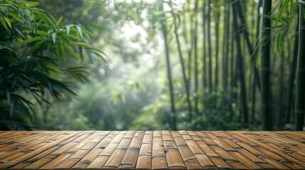 background view of a bamboo forest with a bamboo wooden table in