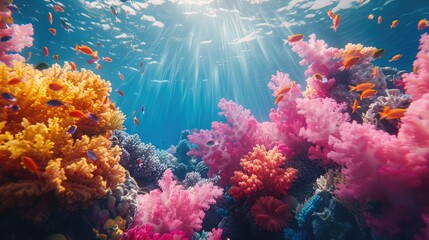 Coral Reef Textures Underwater, Explore the vibrant textures and colors of coral reefs underwater, showcasing their biodiversity and ecological importance - obrazy, fototapety, plakaty