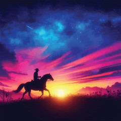 Obraz na płótnie Canvas feee vector silhouette of a cowboy riding into the sunset, c4d, dreamy and optimistic, vibrant sky