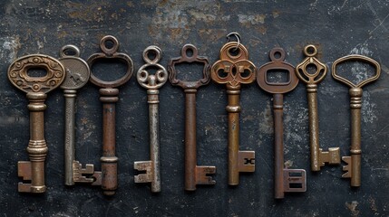 Antique Keys with Historical Charm, Showcase antique keys with their unique designs, patinas, and historical significance