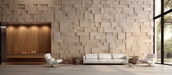 A living room featuring a white couch and chairs against a backdrop of a white oak wall. The furniture is clean and modern, creating a bright and inviting atmosphere.