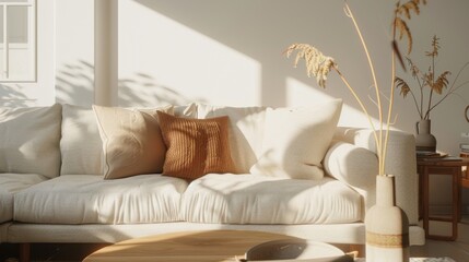 Warm Minimalist Living Room with Scandinavian Sofa and Neutral Throw Pillows