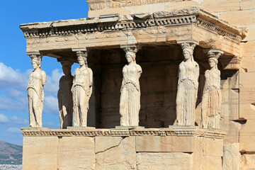 The Temple of Erechtheion's famous porch with 6 caryatids in the Acropolis.