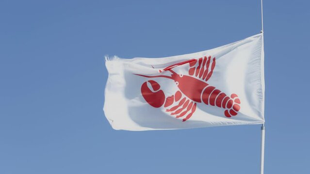 Close up of a lobster flag blowing in the breeze on a windy day in the summer