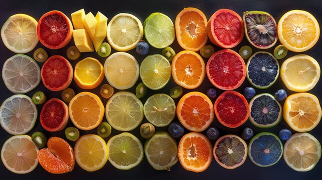 Fruit Slices Arranged Artistically, Present fruit slices in artistic arrangements, highlighting their freshness, colors, and juiciness