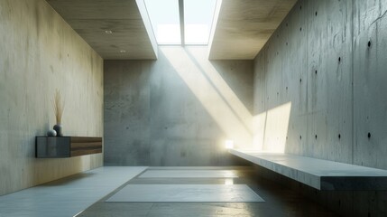 Industrial Style Hallway with Skylight and Concrete Bench