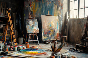 Artistic Chaos in a Painter's Studio with Canvases, Paints, and Brushes Splattered in Color