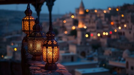 Ramadan Lanterns Glowing Softly on Ancient Cityscape, To showcase the beauty and significance of Ramadan traditions and cultural heritage in a serene