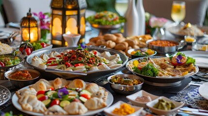 A Vibrant Iftar Spread Celebrating Ramadans Rich Cultural Heritage, To showcase the diversity and richness of Ramadan cuisine and culture in a warm - obrazy, fototapety, plakaty