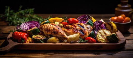 A close-up view of a wooden platter holding delicious grilled chicken and roasted vegetables, showcasing a mouth-watering and nutritious meal.