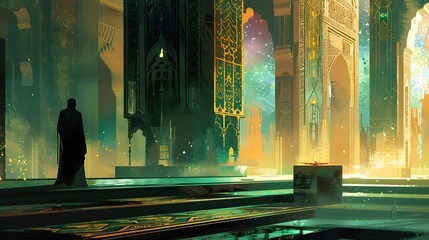 Arabian City Interior with Emir and Black Cube, To convey a sense of mystery and intrigue in an Arabian city setting, perfect for fantasy or
