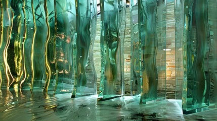 Surreal Glass Room Installation with Emerald Green Tubes and Gold Reflections - obrazy, fototapety, plakaty