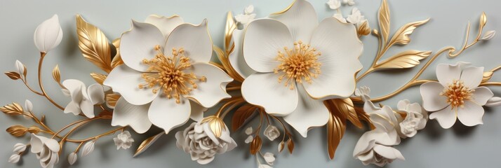 White Flower With Gold Leaves on Gray Wall Generative AI