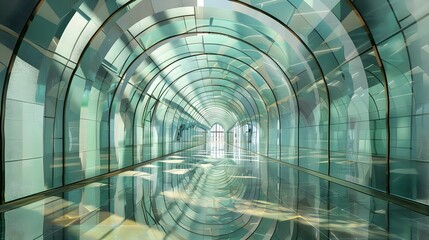 Futuristic Glass Tunnel in Dubai Airport with Clear Glass Walls and Mirrored Floor