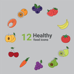 Set of 12 color icons of food, vegetables, fruits, healthy eating line on a grey background, eps 10