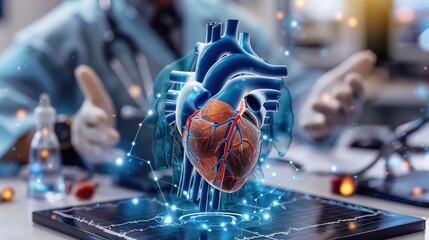 Cardiovascular Health, Illustrate heart health and cardiovascular care, including cardiology services, diagnostic tests, and treatment options for heart conditions - obrazy, fototapety, plakaty