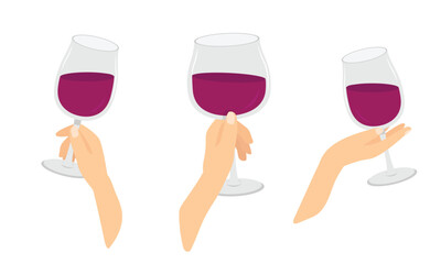 Hands holding a glass of red wine. Flat vector illustrations isolated on white background 