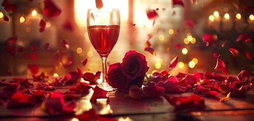 A romantic HD image capturing the essence of Valentine's Day with a carefully arranged scene of a heart-shaped arrangement of roses, a glass of exquisite wine.
