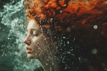 Profile of a Young Woman with Fiery Red Hair in Dynamic Water Splash