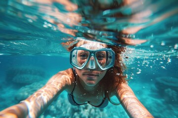 Plus-size young woman with a joyful expression snorkeling underwater, clear diving mask on, arms reaching forward, in crystal blue waters, sunlight filtering through. - obrazy, fototapety, plakaty