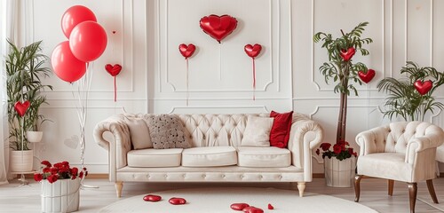 A captivating HD photograph showcasing the beauty of a light living room decorated for Valentine's Day, with a stylish sofa arrangement complemented by heart motifs and festive balloons.