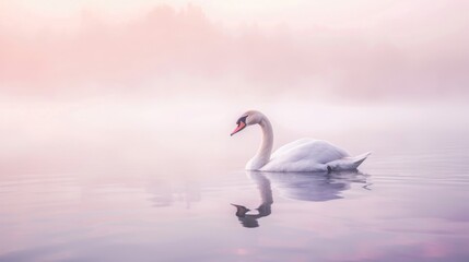 Graceful Swan's Tranquil Glide on Dawn Pond