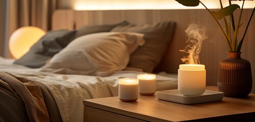 Fototapeta na wymiar A captivating image in stunning HD, highlighting the elegance of a modern bedroom adorned with a carefully placed scented candle.