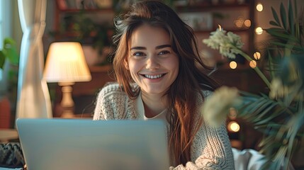 home office one smiling woman using laptop work freelance social media technology concept  