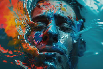 Man's Face Partially Submerged in Water with Vibrant Paint Strokes Flowing Around