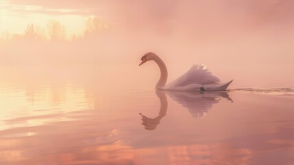 Serene Swan Gliding on Misty Morning Pond Close-Up