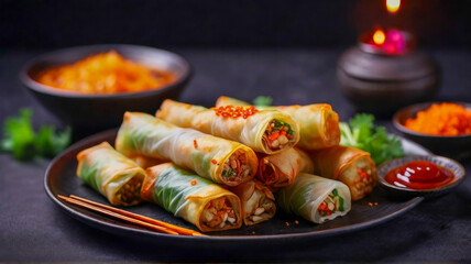 Fototapeta na wymiar A Plate of crispy vegetable spring rolls, ad promotional photography, food photography, food dish