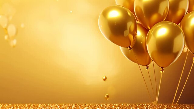 Gold party balloons background with bokeh lights. 3d illustration, Golden balloons and confetti on a golden background. 3d rendering, AI Generated